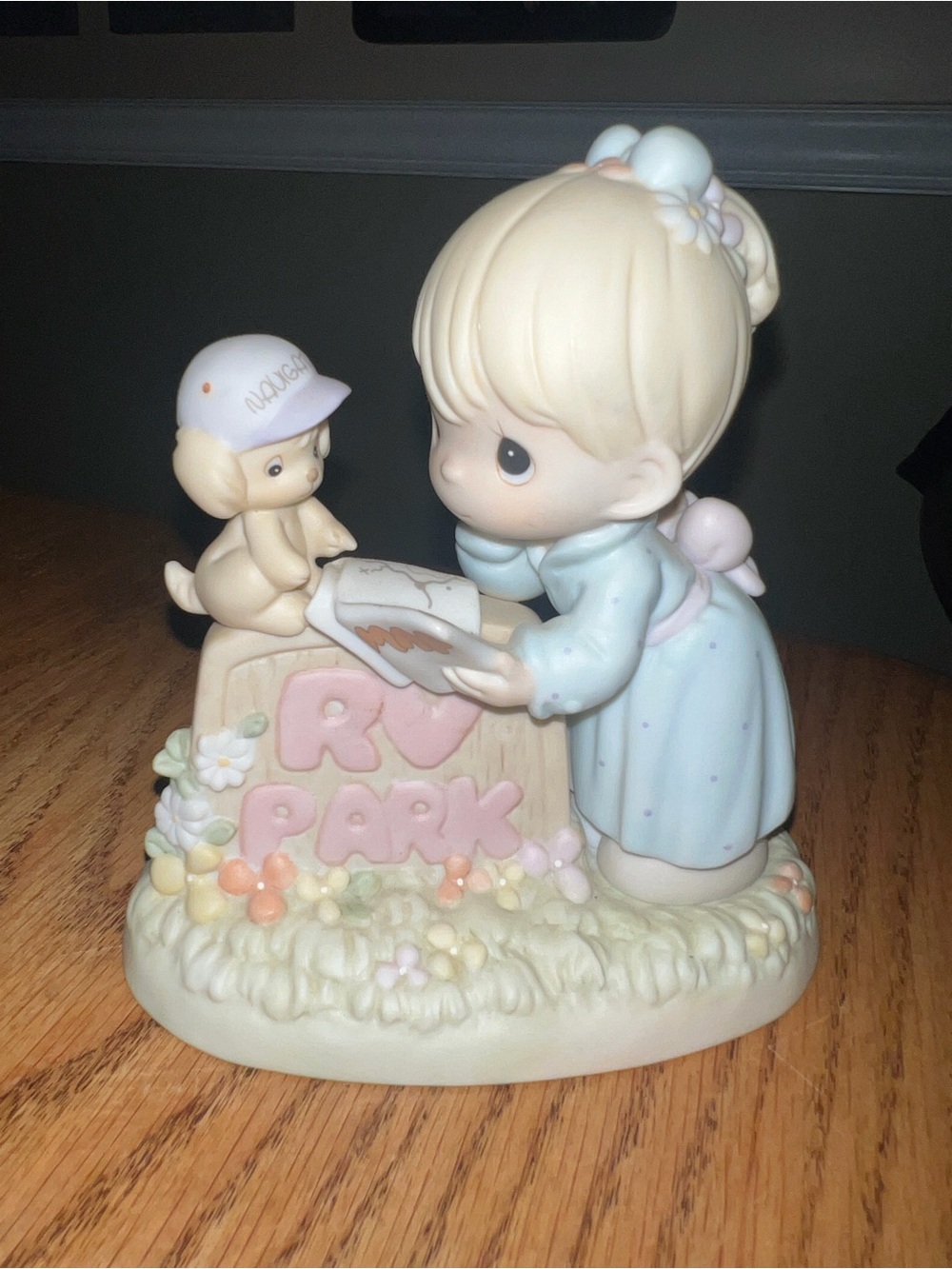 Precious Moments Girl Figurine with RV Park Sign — Pastel Pink & Blue